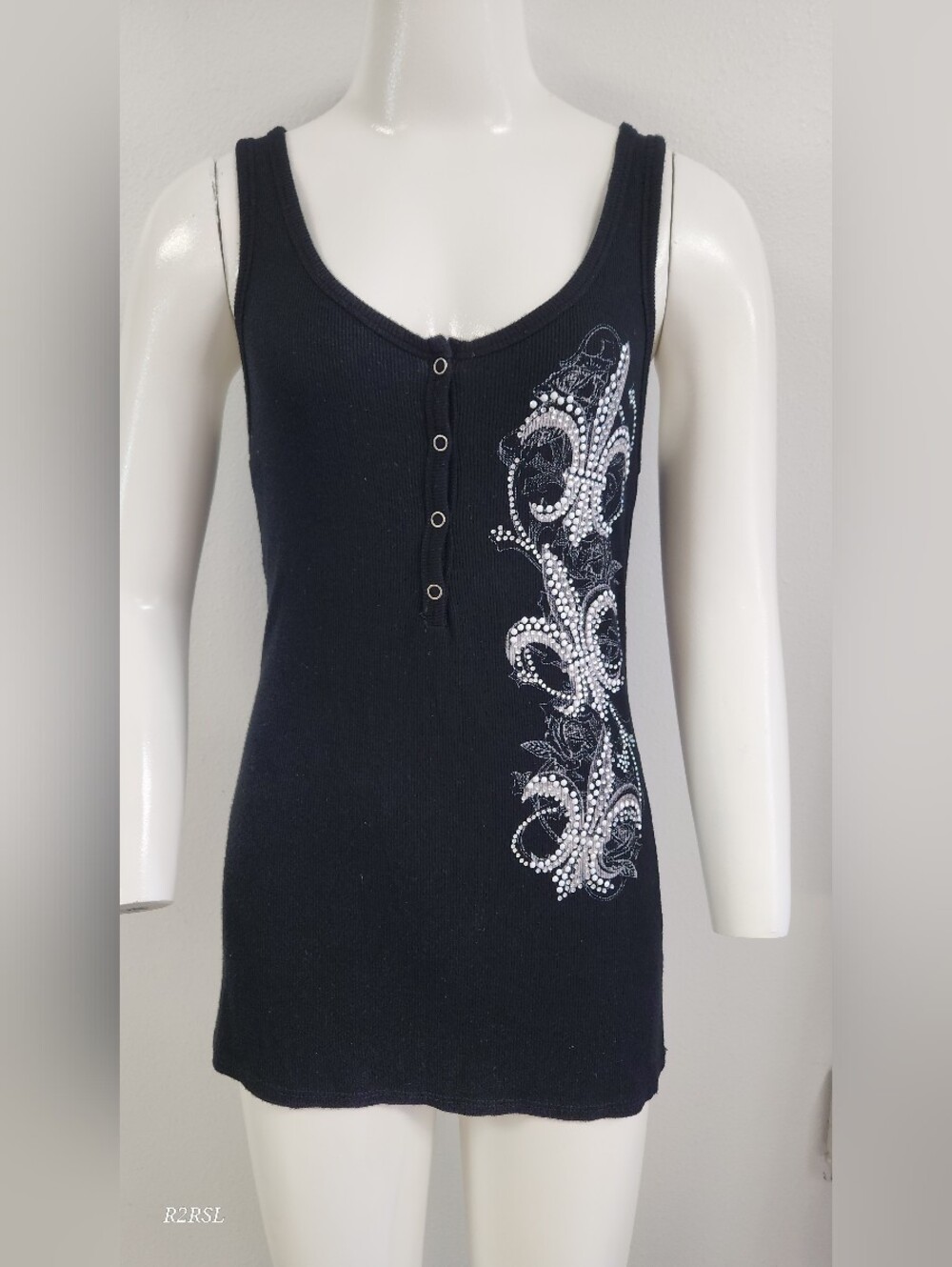 S-Twelve Y2k Womens S Ribbed Knit Black Tank Fleur-de-lis Rhinestones McBling